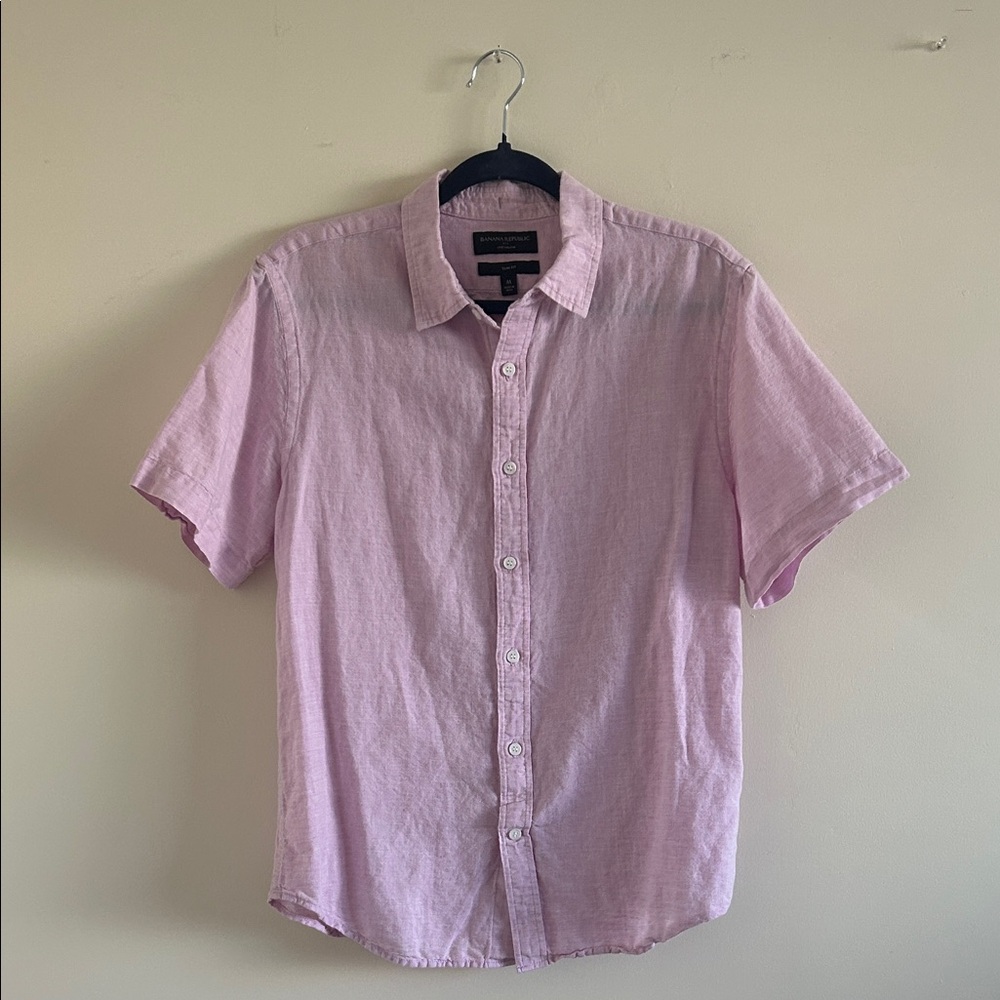 SIZE M | Men's Linen Blend Pink Short Sleeve Shirt | Banana Republic